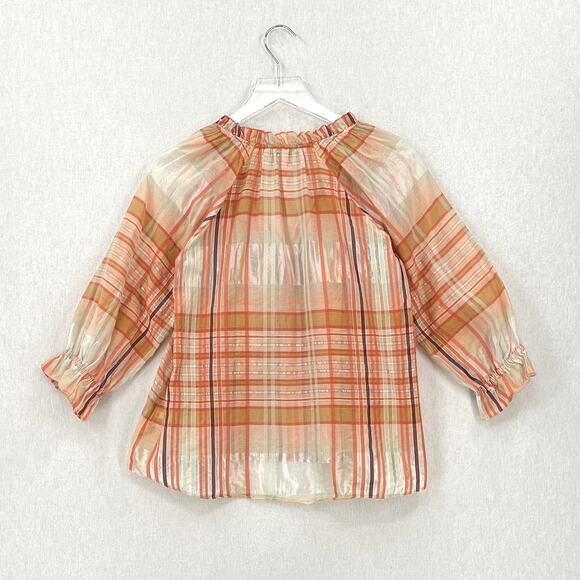 MADEWELL Plaid Tie Neck Ruffle Top Womens XXS Cream Orange 3/4 Sleeve Blouse - Picture 6 of 15